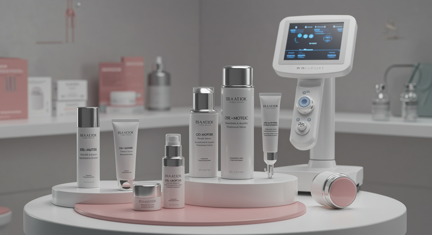 A high-resolution, modern image showcasing a sleek display of innovative cosmetic products and specialized aesthetic medicine equipment. The scene is set in a clean, futuristic environment that blends a high-tech laboratory with the elegance of a luxury spa. Emphasize cutting-edge product packaging and advanced medical devices, with soft, focused lighting and subtle bokeh effects to highlight the impeccable quality and innovation behind each item. The overall color palette should be refined neutrals mixed with delicate pastels, conveying sophistication, trust, and a commitment to aesthetic excellence.